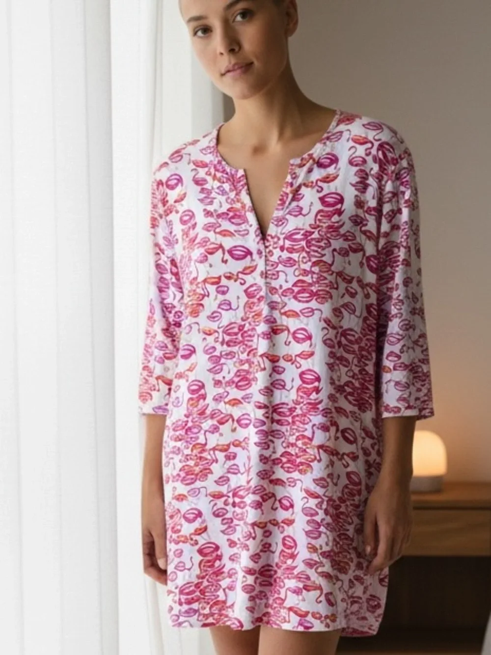 Josie Natori Flamingo Print Sleep Shirt Pajamas Large Red White Coastal Resort